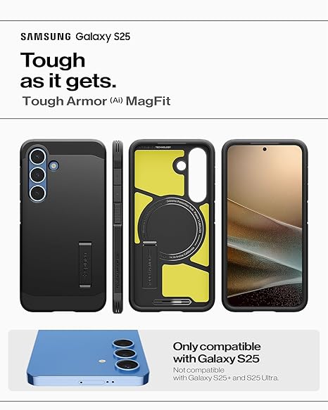 Spigen Tough Armor (AI) MagFit for Samsung Galaxy S25 Case, Galaxy S25 Back Cover (2025) - TPU+Poly Carbonate|Black
