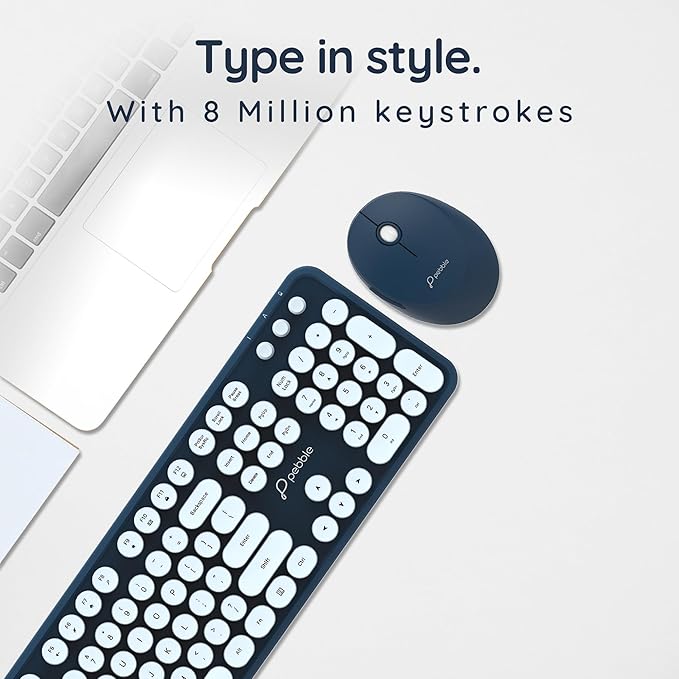 Pebble Wireless Mouse & Keyboard Combo with 2.4GHz Nano Receiver, Rounded Keys, Integrated Multimedia Control and Power Saving (Blue) - Rajputtrade