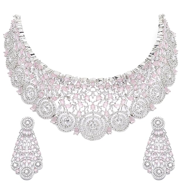 Rhodium-Plated Silver American Diamond Choker Necklace with Earrings Jewellery Set with Girls and Women - Rajputtrade