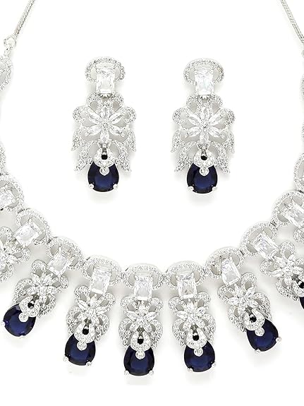 American Diamond Studed Choker Necklace Set (Blue) - Rajputtrade
