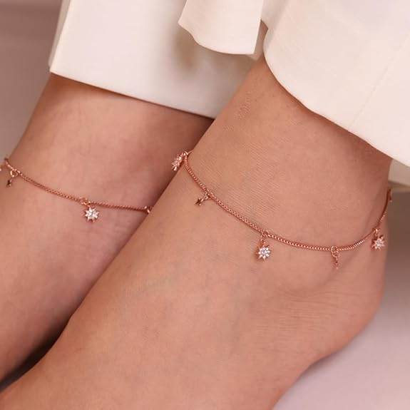 925 Sterling Silver Cubic Zirconia CZ Designer Dual Multi Stars Rose Gold Plating Anklet (Pair) | Gift for Women & Girls | - Rajputtrade