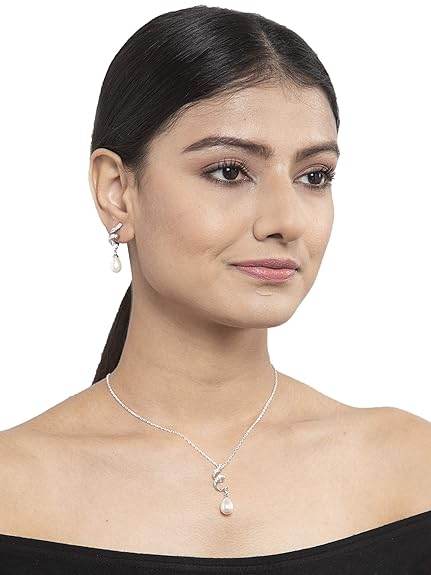 925 Sterling Silver Pearl Twist Pendant Earring Chain Jewellery Set | Rhodium Plated, Swiss Zirconia | Gift for Women & Girls - Rajputtrade