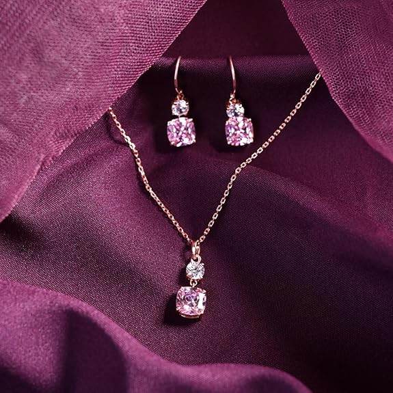 925 Sterling Silver Rosa Pendant Earring Chain Jewellery Set | Rose Gold Plated, Swiss Zirconia | Gift for Women & Girls - Rajputtrade