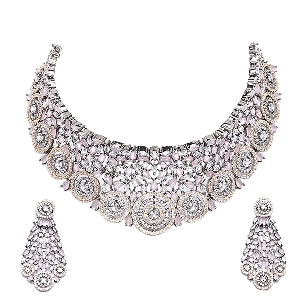 Rhodium-Plated Silver American Diamond Choker Necklace with Earrings Jewellery Set with Girls and Women - Rajputtrade