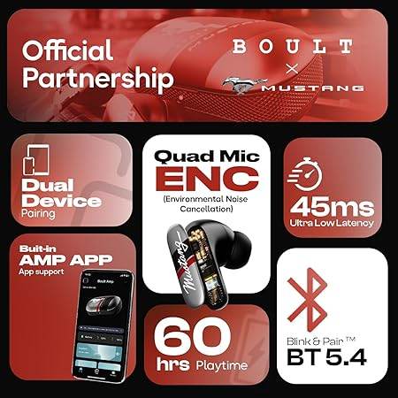Boult X Mustang Newly Launched Dyno TWS Earbuds with 60H Playtime, App Support, Dual Pairing, 4 Mics ENC (Black) - Rajputtrade