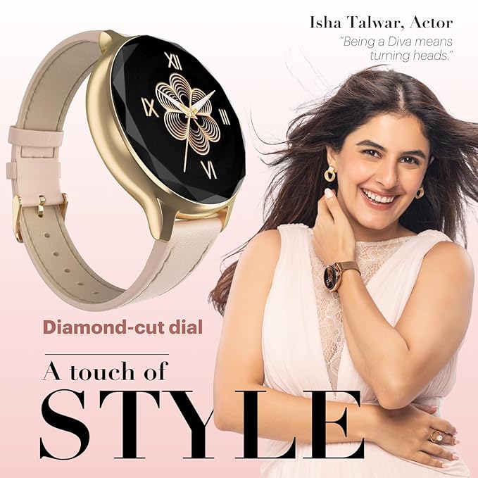 Noise Diva Smartwatch with Diamond Cut dial, Glossy Metallic Finish, AMOLED Display for Women (Gold Link) - Rajputtrade