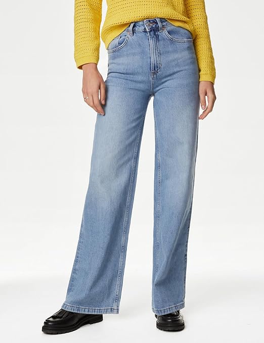 Marks & Spencer Womens Light Wash High Rise Wide Leg Jeans (Size L) - Rajputtrade