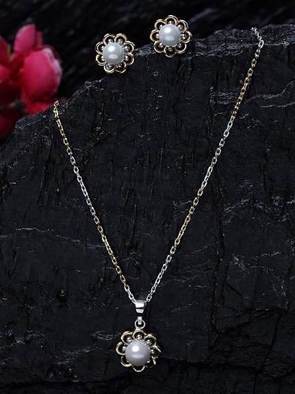 925 Sterling Silver Pearl Lotus Pendant Earring Chain Jewellery Set | Gold Rhodium Plated | Gift for Women & Girls - Rajputtrade