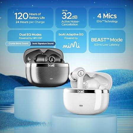 boAt Nirvana Ion ANC, Active Noise Cancellation(~32dB), 120Hrs Battery, App Support, Crystal Bionic Sound, 4Mics ENx, v5.3 Bluetooth TWS in Ear Earbuds Wireless Earphones with mic (Quartz White) - Rajputtrade