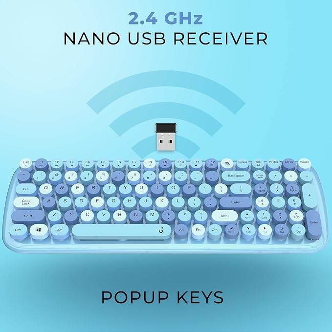 iGear KeyBee Retro Typewriter Inspired 2.4GHz Wireless Keyboard with Mouse Combo for Desktop/Laptop and Devices with USB Support, Single Nano Receiver, Round Keycaps, Cleaning Brush (White) (Blue) - Rajputtrade