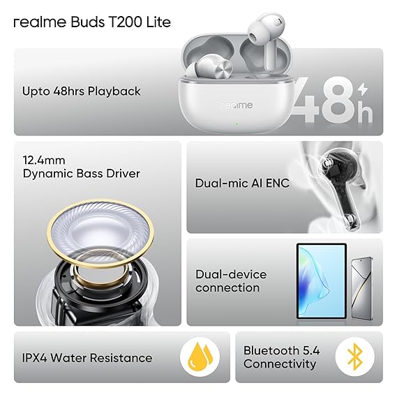 realme Buds T200 Lite Bluetooth in Ear Earbuds,4 Mic, AI ENC for Calls,48 Hours Total Playback with Fast Charging (Grey) - Rajputtrade