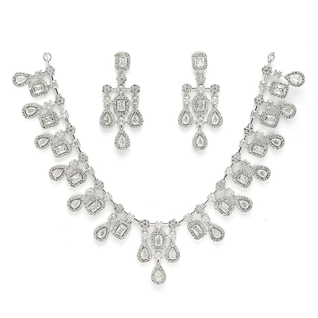 Rhodium-Plated Silver Toned Square Shaped American Diamond Studded Necklace with Earring Jewellery Set for Girls and Women - Rajputtrade