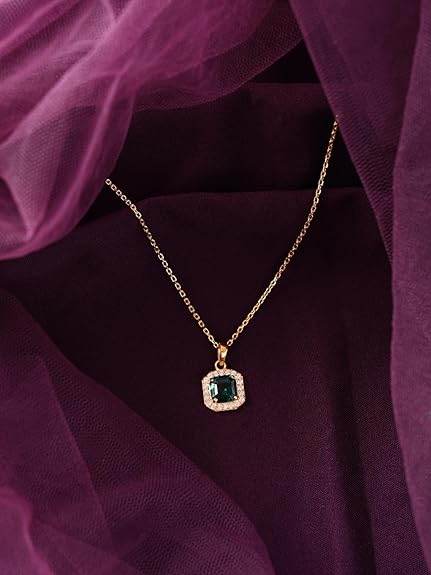 925 Sterling Silver Amati Green Solitaire Pendant Earrings Chain Necklace Jewellery Set | Gold Plated, Swiss Zirconia |Gift for Women and Girls - Rajputtrade