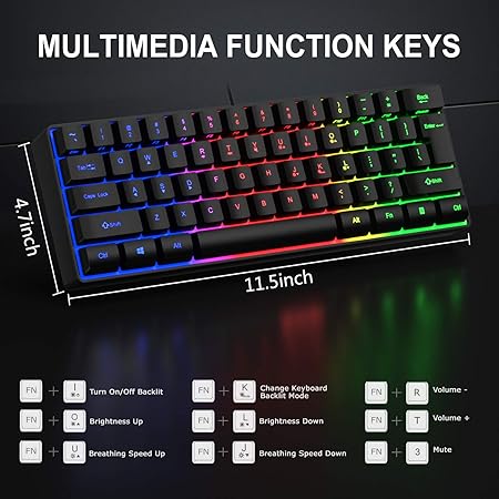 MFTEK 60% Gaming Keyboard and Mouse Combo, Ultra Compact 61 Keys TKL Design Gaming Keyboard with RGB Rainbow Backlit, Illuminated Gaming Mouse, USB Wired Keyboard Mouse Set for Laptop PC PS4 Gamer - Rajputtrade
