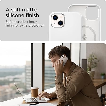 Spigen Silicone Fit MagFit Back Cover Case Compatible with iPhone 13 (Silicone White)