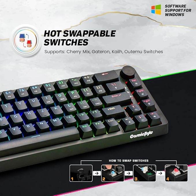 Cosmic Byte CB-GK-33 Astra Hot Swappable 67 Key Wired + Bluetooth Mechanical Keyboard, 1000Hz Polling Rate, Per Key RGB, Software Customization, Outemu Blue Switches (Black) - Rajputtrade