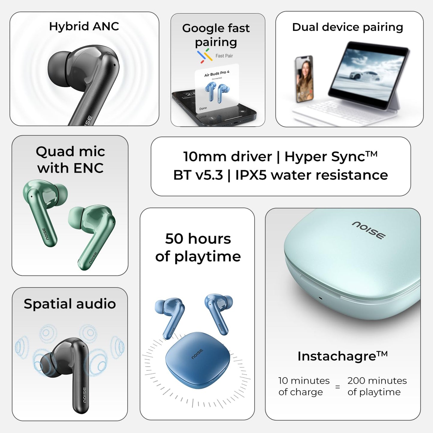 Noise Newly Launched Air Buds Pro 4 in-Ear Truly Wireless Earbuds with Metallic Finish, Hybrid ANC (Upto 40dB), 50H of Playtime, Dual Pairing, Spatial Audio, BT v5.3 - Rajputtrade