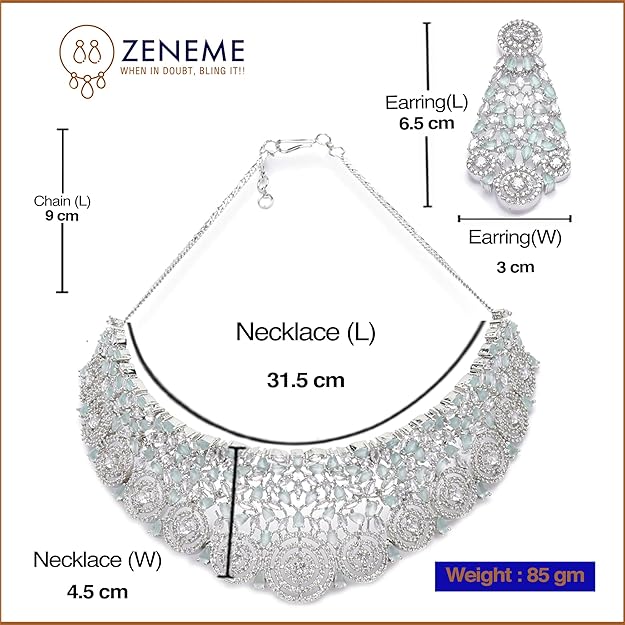 Rhodium-Plated Silver American Diamond Choker Necklace with Earrings Jewellery Set with Girls and Women - Rajputtrade