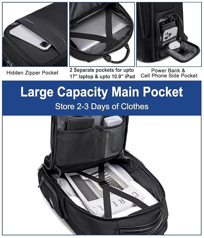 Arctic Hunter Travel Backpack for Men 45L Big Heavy Duty Office Travel Laptop Backpack Fit Upto 17" Laptop 1680D Polyester Water-resistant Padded Overnight Laptop/Clothes Bag with Multi-Pockets, Black - Rajputtrade