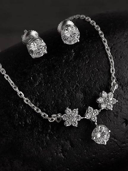 925 Sterling Silver Lily Pendant Earring Chain Jewellery Set | Platinum Plated, Swiss Zirconia | Gift for Women & Girls - Rajputtrade
