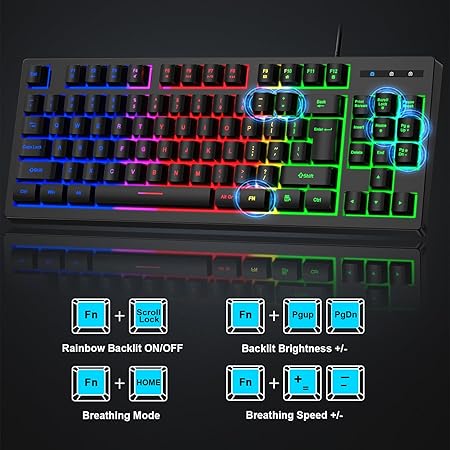 BlueFinger RGB 87 Keys Gaming USB Wired Rainbow Keyboard and Backlit Mouse Combo Set for Laptop PC Computer Game and Work