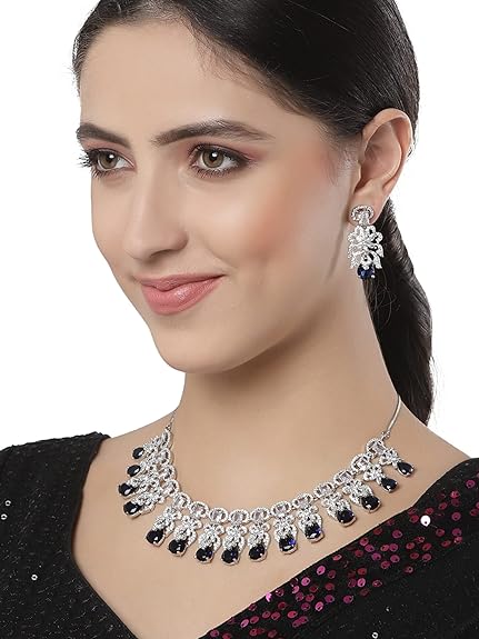 American Diamond Studed Choker Necklace Set (Blue) - Rajputtrade