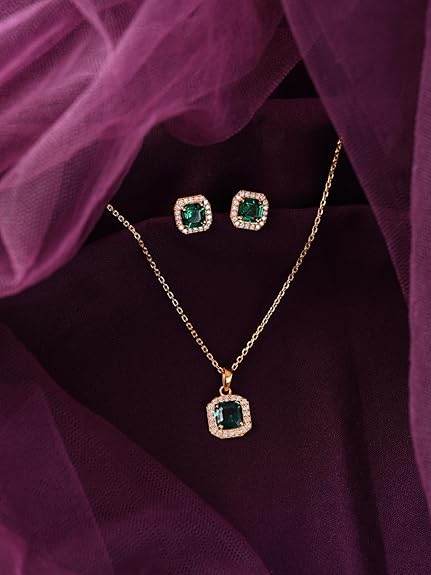 925 Sterling Silver Amati Green Solitaire Pendant Earrings Chain Necklace Jewellery Set | Gold Plated, Swiss Zirconia |Gift for Women and Girls - Rajputtrade