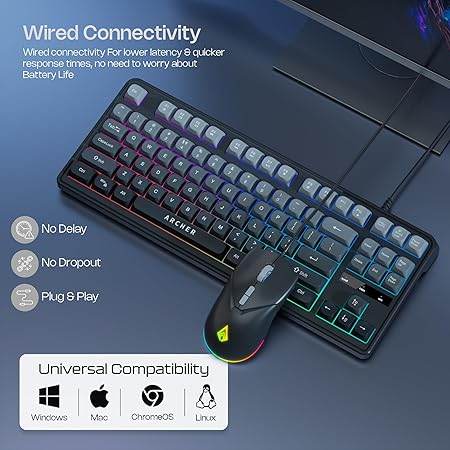 Archer Tech Lab Wired Gaming Keyboard and Mouse Combo| RGB Backlit, 87 Keys with 19 Anti-Ghosting, 7-Button Mouse, Adjustable 4 DPI (1200-3600) USB Plug & Play for PC Laptop Mac PS5 Xbox (Astra G300) - Rajputtrade