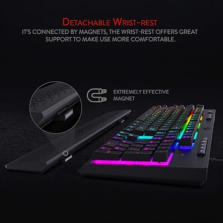 Redragon Shiva K512 RGB Backlit Membrane Wired Gaming Keyboard with Multimedia Keys, 6 Extra On-Board Macro Keys, Dedicated Media Control, Detachable Wrist Rest- Black - Rajputtrade
