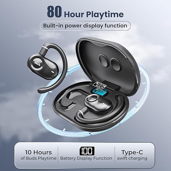 WeCool Moonwalk M3 Open Ear Earbuds Wireless with Multi-Angle Adjustment, 80Hrs Playback, IP55 Waterproof (Black) - Rajputtrade