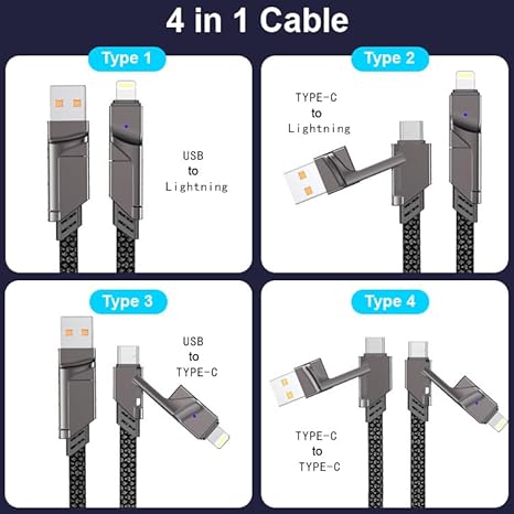 USB C Cable, 4-in-1 USB-C Cable (3.3ft), 100W USB-C Charger Cable, MacBook, iPad, iPhone, Samsung - Black