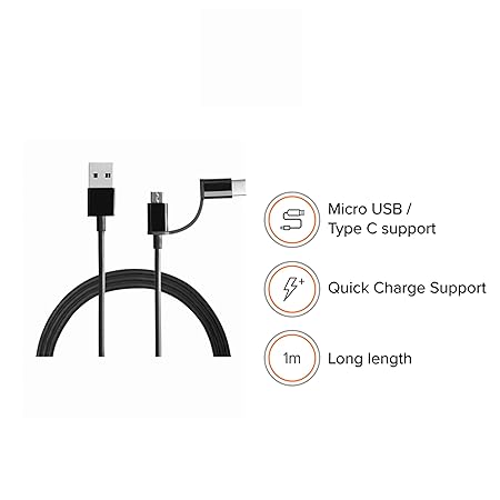 2-in-1 USB Cable 100cm Black | Multipurpose Cable which Supports Both Type C & Type B | 480Mbps Speed