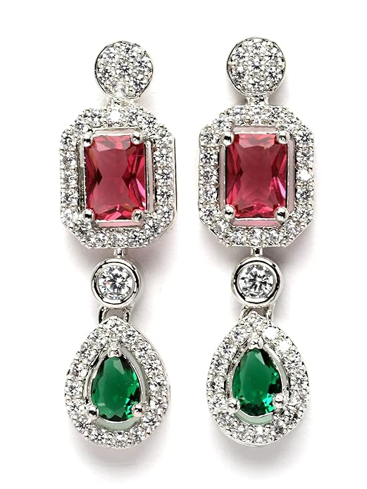 Silver Toned American Diamond Studded Jewellery Set for Women (Multicolor) - Rajputtrade