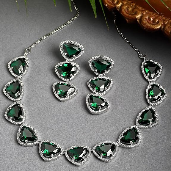 Silver Toned Triangular Shaped American Diamond Studded Jewellery Set For Women and Girl (Green) - Rajputtrade