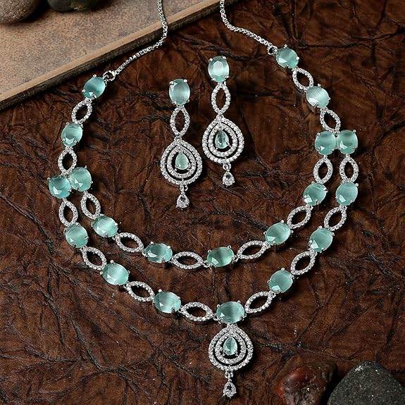 Abstract Necklace With Earrings Jewellery Set For Girls and Women (Sea Green) - Rajputtrade