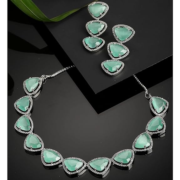 Silver Toned Triangular Shaped American Diamond Studded Jewellery Set For Women and Girl (Sea Green) - Rajputtrade