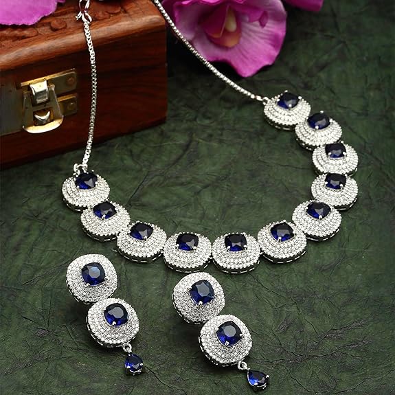 Silver Toned Triangular Shaped American Diamond Studded Jewellery Set For Women and Girl (Blue) - Rajputtrade