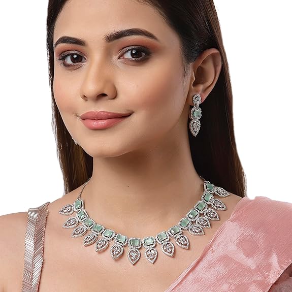 Jewellery Set Leaf Style AD/ Rose Gold Plated Handcrafted Circle Necklace Set for Women & Girls - Rajputtrade