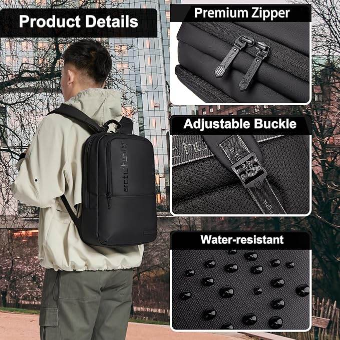 Arctic Hunter Slim Laptop Backpack for Men Women Lightweight 18L Expandable Backpack Shockproof 15.6" Laptop Pocket Water-resistant Daypack Computer Bag for Office Daily Casual College, Black - Rajputtrade