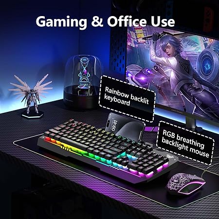 Aula T102 Gaming Keyboard and Mouse Combo, RGB Backlit Membrane Keyboard and Mouse Set, Wired, for Windows PC Gamers (Black Panel, Black Keycaps)