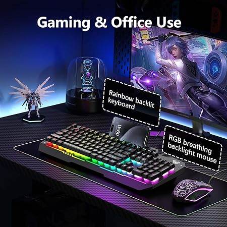 Aula T102 Gaming Keyboard and Mouse Combo, RGB Backlit Membrane Keyboard and Mouse Set, Wired, for Windows PC Gamers (Black Panel, Black Keycaps) - Rajputtrade