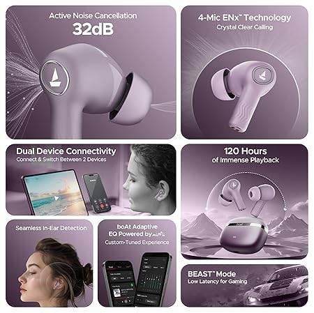 boAt Nirvana Ion ANC, Active Noise Cancellation(~32dB), 120Hrs Battery, App Support, Crystal Bionic Sound, 4Mics ENx, v5.3 Bluetooth Earbuds, TWS Ear Buds Wireless Earphones with mic (Rose Quartz) - Rajputtrade