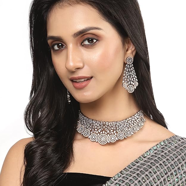 Rhodium-Plated Silver American Diamond Choker Necklace with Earrings Jewellery Set with Girls and Women - Rajputtrade