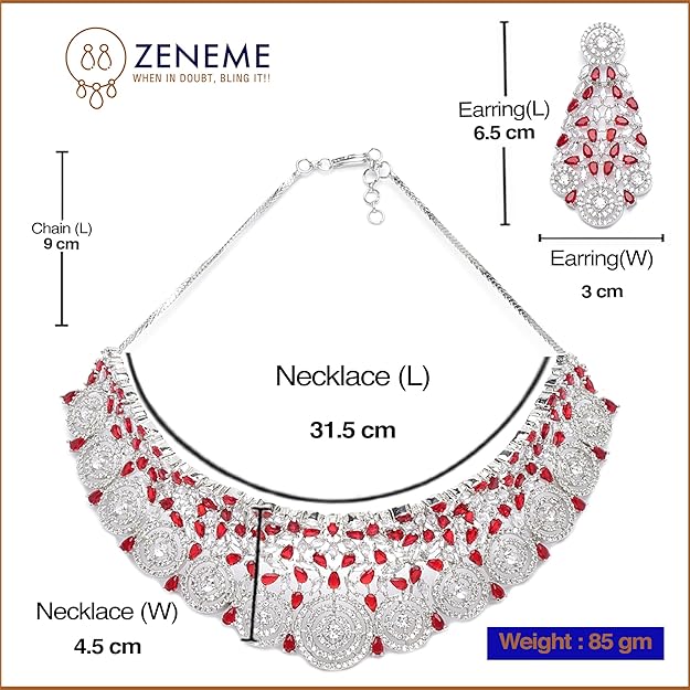 Rhodium-Plated Silver American Diamond Choker Necklace with Earrings Jewellery Set with Girls and Women - Rajputtrade