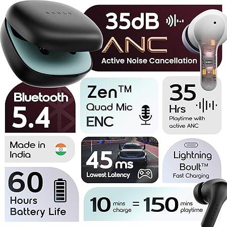 Boult Buds Klarity 4 ANC in-Ear Truly Wireless Earbuds with 35dB Active Noise Cancellation, 60H Playtime (Black) - Rajputtrade