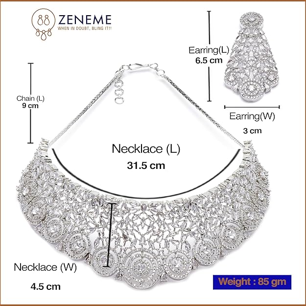 Rhodium-Plated Silver American Diamond Choker Necklace with Earrings Jewellery Set with Girls and Women - Rajputtrade