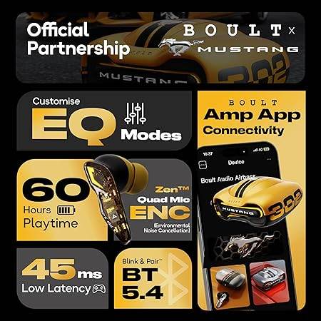 Boult X Mustang Newly Launched Torq TWS Earbuds with 60H Playtime, App Support, 4 Mics ENC, 45ms Low Latency (Yellow) - Rajputtrade