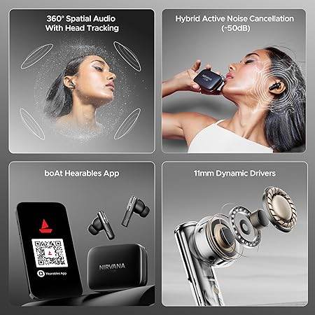 boAt Nirvana Ivy, 50dB Hybrid Active Noise Cancellation, 360º Spatial Audio,Fast Charge,App Support, v5.3 Bluetooth Earbuds, TWS Ear Buds Wireless Earphones with mic (Gunmetal Black) - Rajputtrade