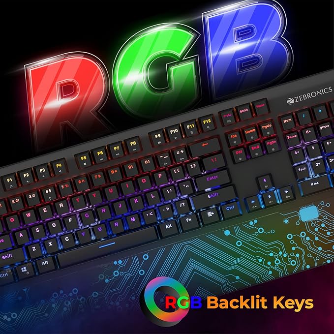 ZEBRONICS Zeb-MAX Chroma Premium Mechanical Gaming Keyboard with 104 Tactile Switch Keys, Wrist Rest, 18 RGB LED Modes, Braided & Gold Plated USB Cable - Rajputtrade