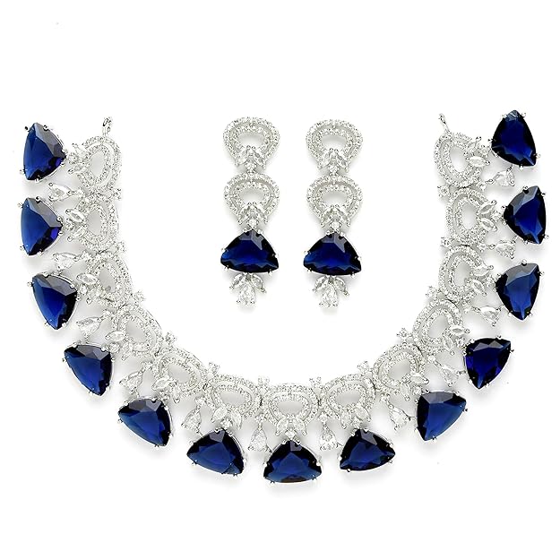 Rhodium-Plated With Silver-Toned Red And White American Diamond Studded Choker Necklace And Drop Earrings Jewellery Set For Women - Rajputtrade